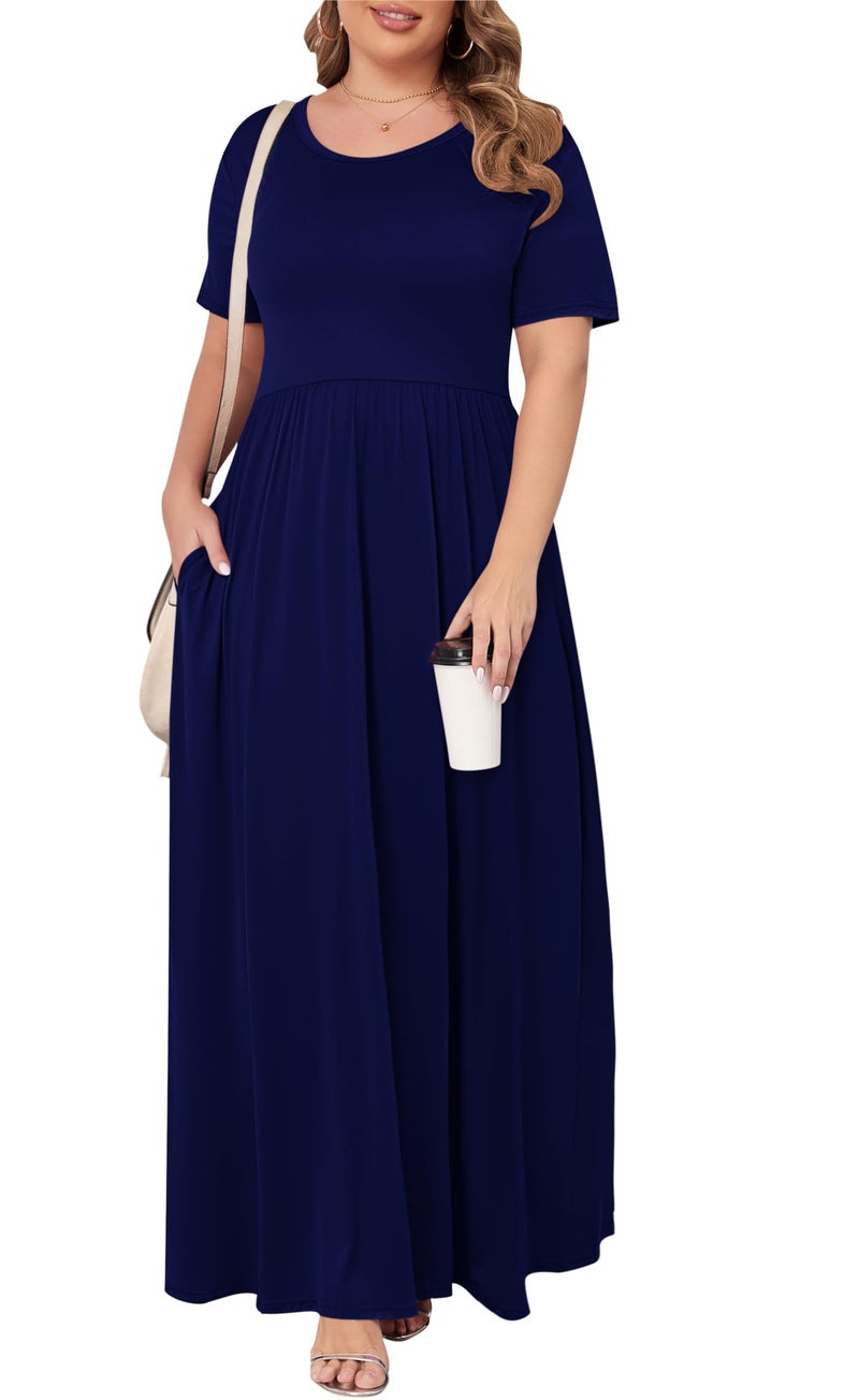 KARALIN Womenâ€™s Plus Size Maxi Dresses for Curvy Women Summer Casual Short Sleeve 2025 Long Dress Navy Blue 22W - Image 2